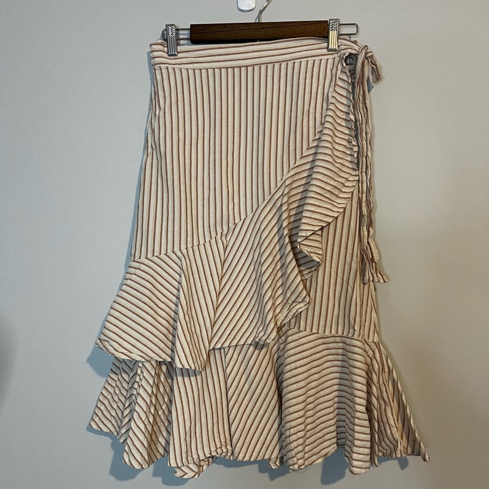 Harper Heritage Skirt M Medium Striped Beige Ruffle Midi faux wrap Skirt